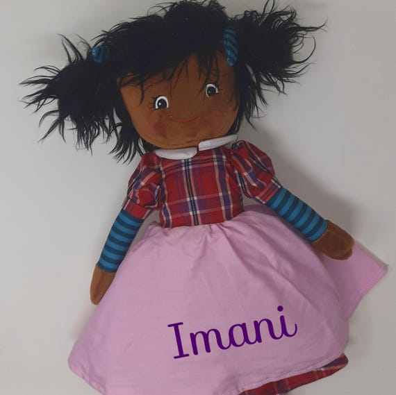 Personalised Black Brown POC Rag Doll, Embroidered With Any Name