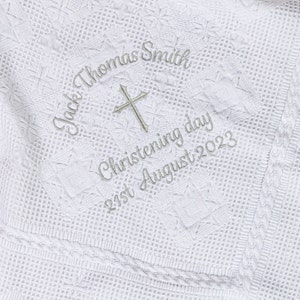 Personalised Christening Baptism Shawl, Choice of Font and Thread Colour, Soft Fabric and Fringed Edges image 2