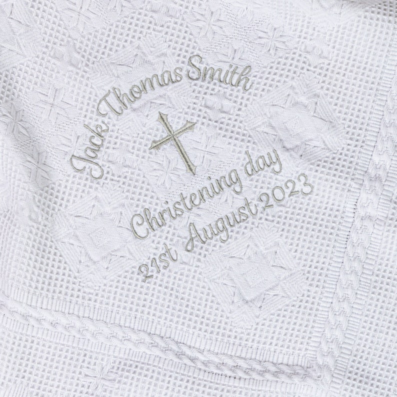 Personalised Christening Baptism Shawl, Choice of Font and Thread Colour, Soft Fabric and Fringed Edges zdjęcie 2