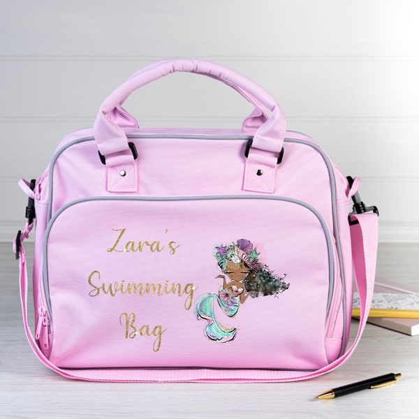 Sac de natation personnalisé - Noir, marron, sirène POC - Danse, gymnastique et plus - Nom personnalisé - Cadeau parfait pour les enfants actifs