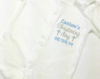 Personalised Christening Baby Boy or Girl Sleepsuit, Embroidered Religious Cross, Christening Clothes Gift, Onsie