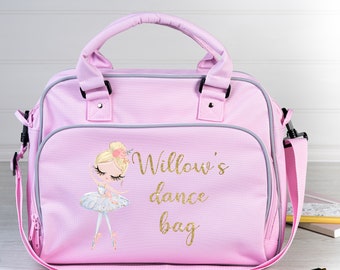 Personalised Ballet Dance Bag, Blonde Ballerina, Glitter Print, Customised, Pink Satchel, ANY NAME