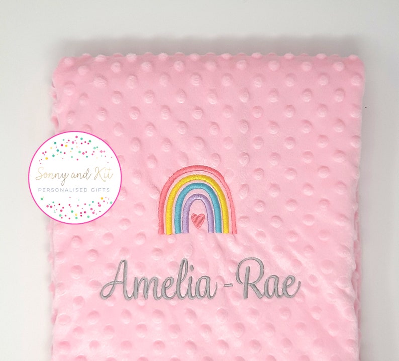 Personalised Baby Blanket, Pastel Rainbow Pink Girl Gift, Custom Embroidered, Choice of Colour 