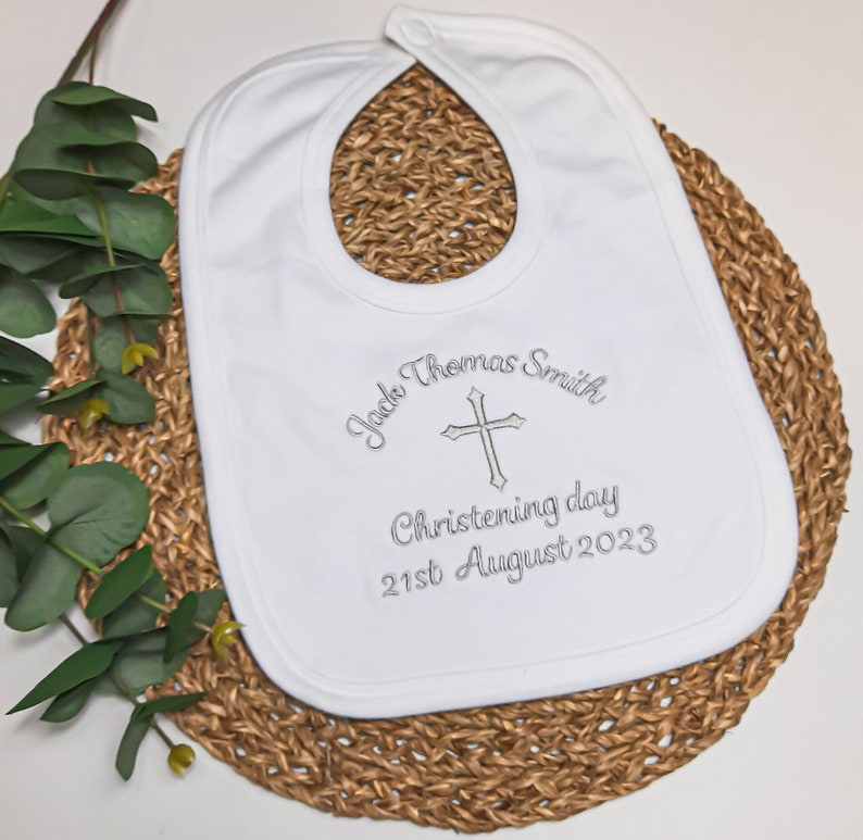 Embroidered Christening Baptism Bib, Baby Gift, Personalised image 1