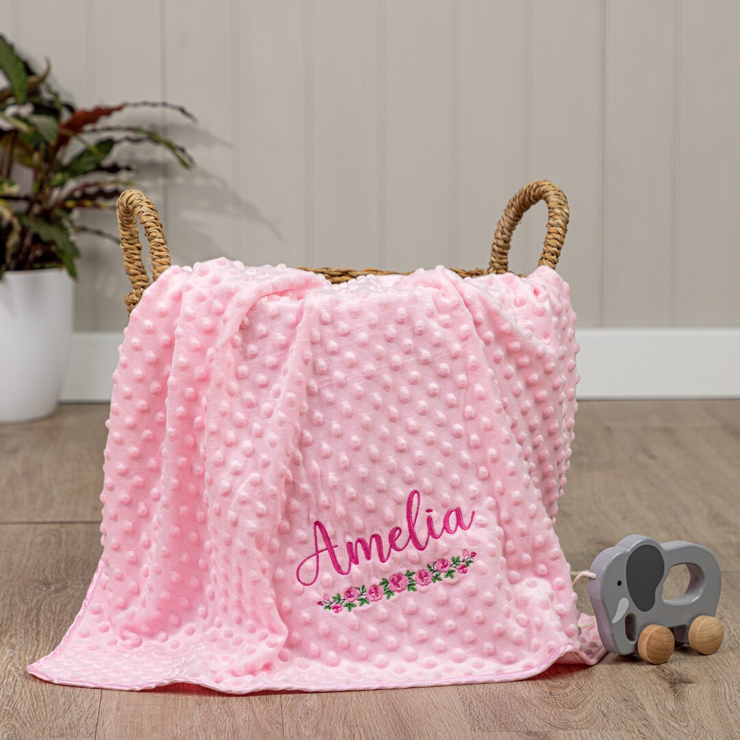 Personalised Baby Blanket, Pink, Blue, Grey or White, Rose Border