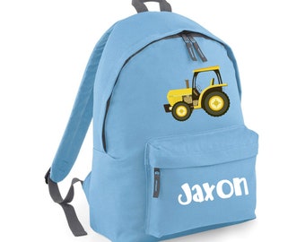 Personalised Backpack School Bag Rucksack, Yellow Tractor, Any Name, Choice of Bag Size and Colour,  211