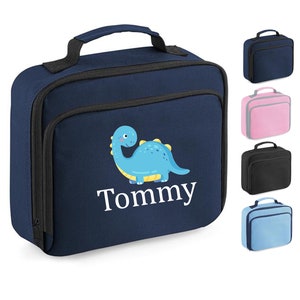 Personalised Lunch Bag, Blue Dinosaur Design + ANY NAME, Insulated, Choice of Bag Colour, 202