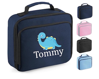Personalised Lunch Bag, Blue Dinosaur Design + ANY NAME, Insulated, Choice of Bag Colour, 202