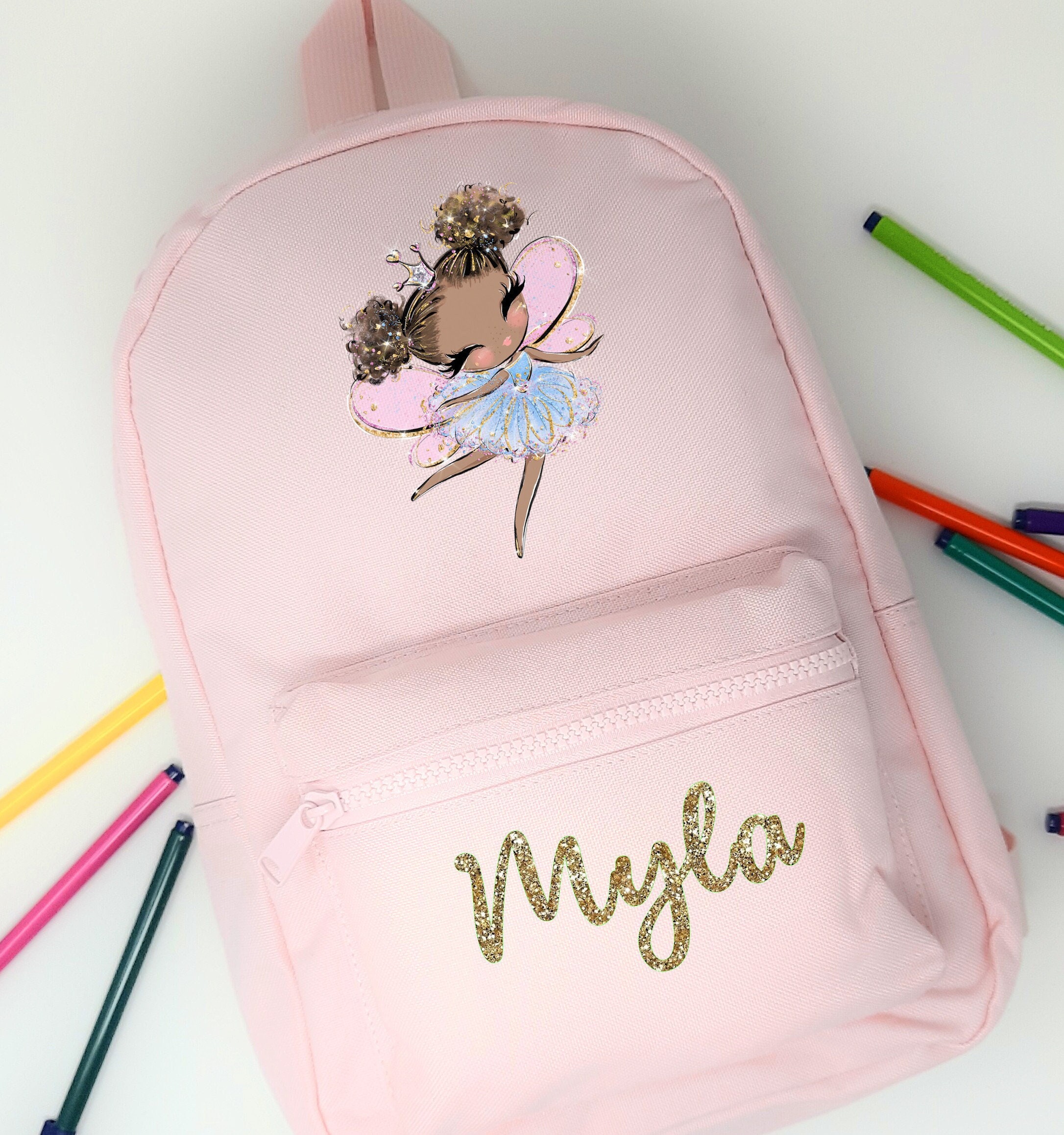 Personalised Backpack School Bag Rucksack, Cute POC Fairy With Wand Design, Any Name, Choice of Bag Colour,  113
