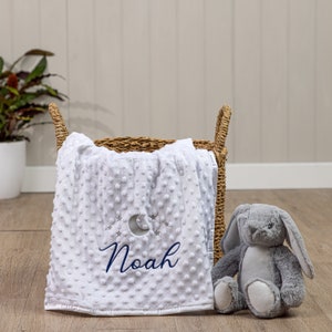 Personalised Baby Swaddle Wrap, Moon and Stars, Pink, Blue, Grey or White, Soft and Fluffy, Embroidered With Any Name image 3