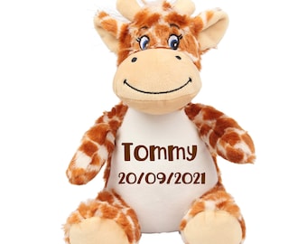 Personalised Soft Toy Plush Teddy, Any Name, Choice of Writing Colour, Cat Owl Bunny Giraffe Lion Elephant Unicorn