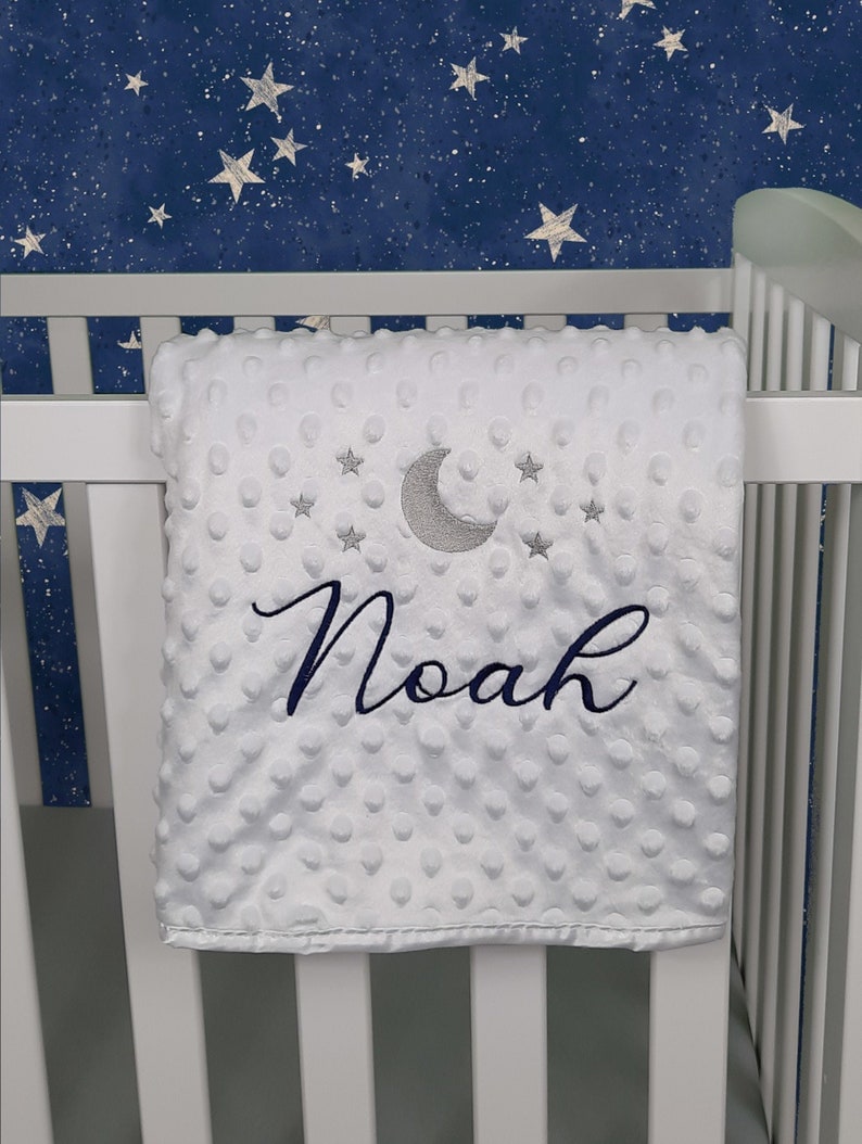 Personalised Baby Blanket, Moon and Stars, Pink, Blue, Grey or White, Soft and Fluffy, Embroidered With Any Name 