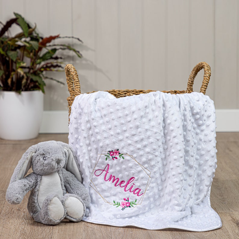 Personalised Baby Swaddle Wrap, Gold Geometric Floral Frame, Pink Blue Grey or White, Soft and Fluffy image 2