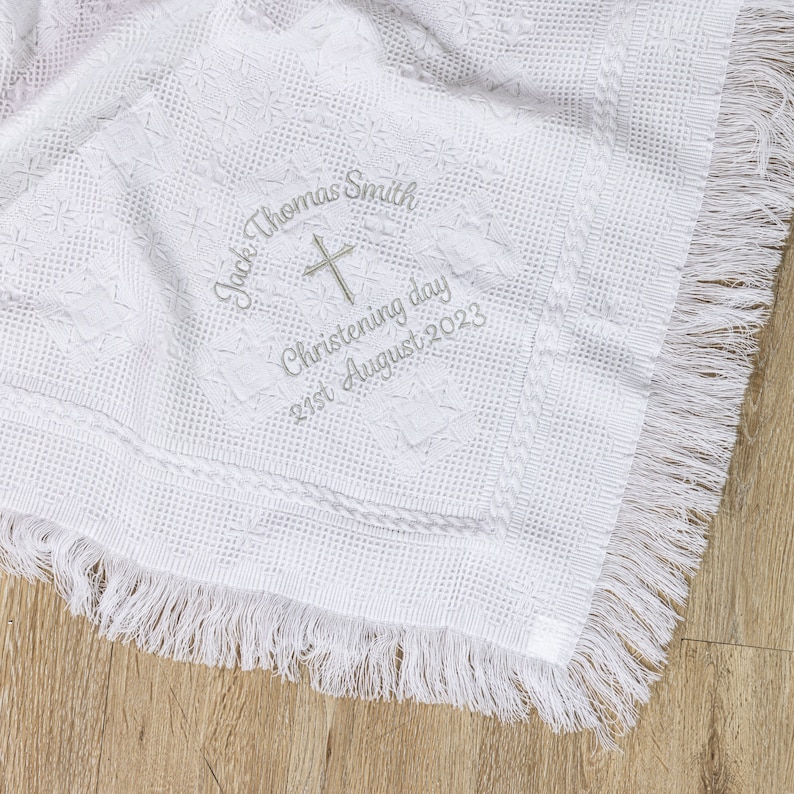 Personalised Christening Baptism Shawl, Choice of Font and Thread Colour, Soft Fabric and Fringed Edges image 1