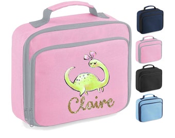 Bolsa de almuerzo personalizada, Diseño de dinosaurio de cuello largo + CUALQUIER NOMBRE, Aislado, Elección del color de la bolsa, 108