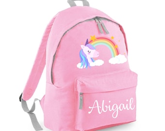 Personalised Backpack School Bag Rucksack, Rainbow Unicorn, Any Name, Choice of Bag Size and Colour,  103