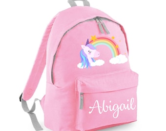 Personalisierter Rucksack Schultasche Rucksack, Regenbogen Einhorn, jeder Name, Auswahl an Taschengröße und Farbe, 103