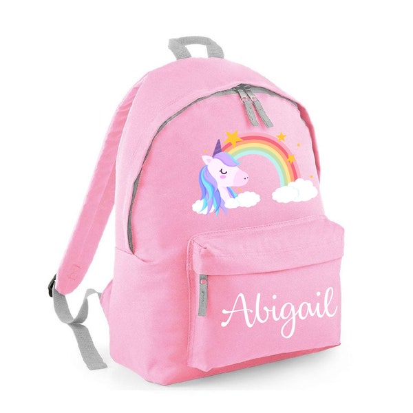 Gepersonaliseerde rugzak schooltas rugzak, Rainbow Unicorn, elke naam, keuze van tas grootte en kleur, 103