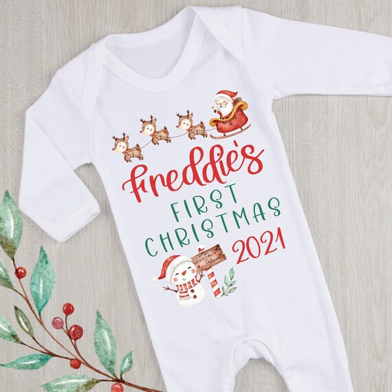PERSONALISED First Christmas Baby Grow Baby Romper First Xmas Santa Sleigh Baby 