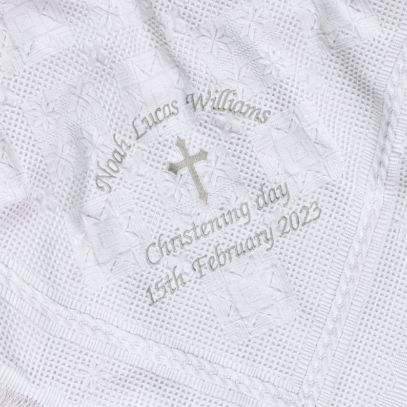 Personalised Christening Baptism Shawl, Choice of Font and Thread Colour, Soft Fabric and Fringed Edges image 2
