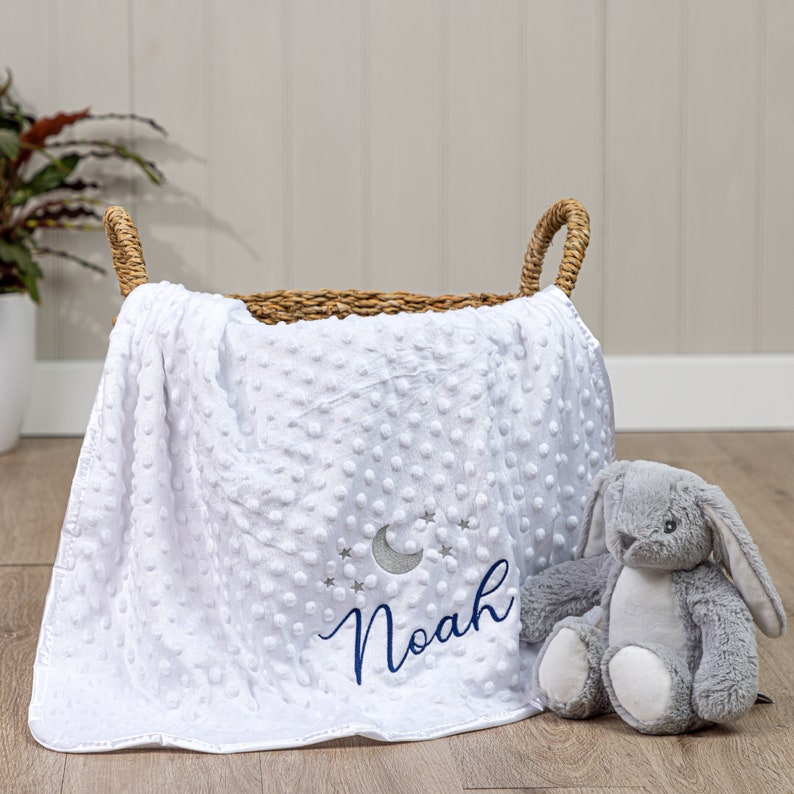 Personalised Baby Swaddle Wrap, Moon and Stars, Pink, Blue, Grey or White, Soft and Fluffy, Embroidered With Any Name image 4