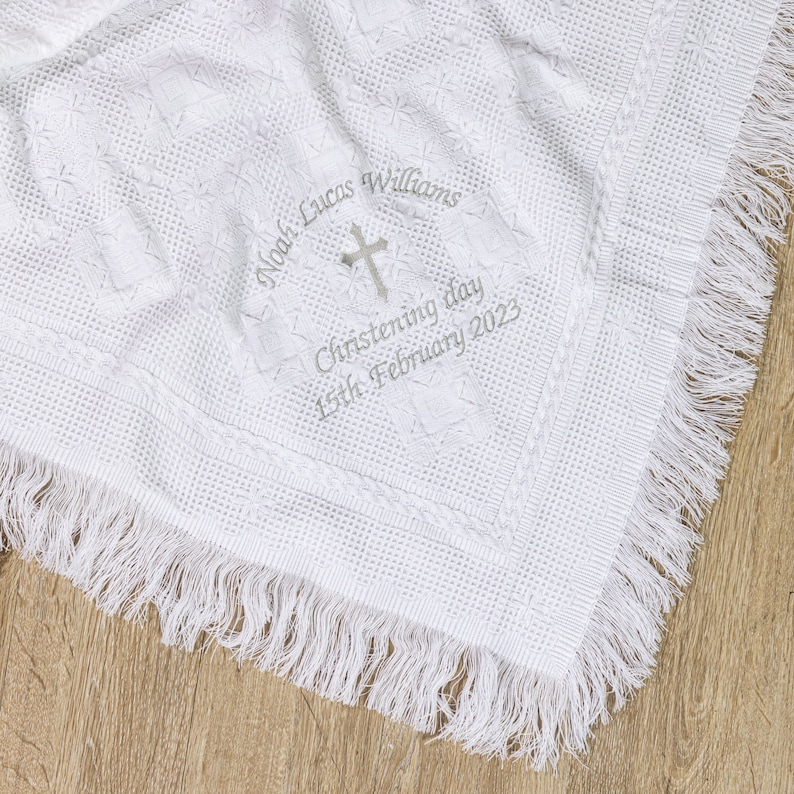 Personalised Christening Baptism Shawl, Choice of Font and Thread Colour, Soft Fabric and Fringed Edges image 1