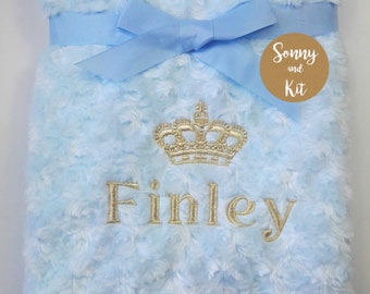 Personalised Baby Swaddle Wrap, Soft and Fluffy Cover, Gold Crown, Prince or Princess, Embroidered Gift