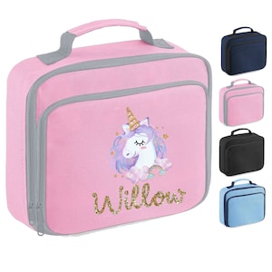 Sac à lunch personnalisé, Unicorn Rainbow Design + ANY NAME, Isolé, Choix de la couleur du sac, 104
