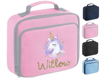 Personalised Lunch Bag, Unicorn Rainbow Design + ANY NAME, Insulated, Choice of Bag Colour, 104