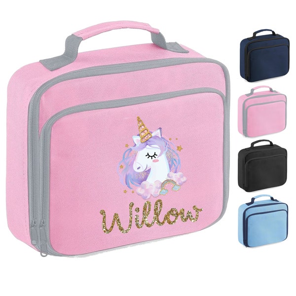 Personalised Lunch Bag, Unicorn Rainbow Design + ANY NAME, Insulated, Choice of Bag Colour, 104