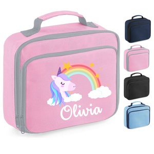 Sac à lunch personnalisé, Unicorn Rainbow Design + ANY NAME, Isolé, Choix de la couleur du sac, 103