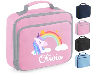 Personalised Lunch Bag, Unicorn Rainbow Design + ANY NAME, Insulated, Choice of Bag Colour, 103