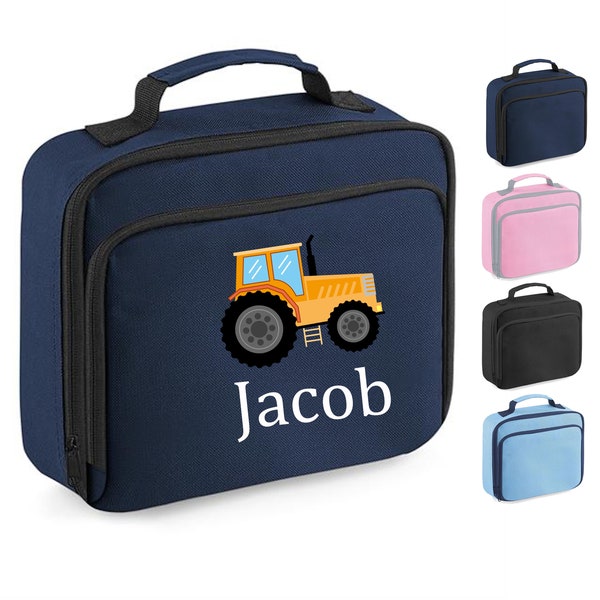 Personalised Lunch Bag, Tractor Design + ANY NAME, Insulated, Choice of Bag Colour, 201