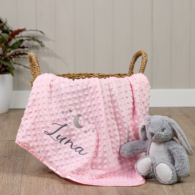 Personalised Baby Swaddle Wrap, Moon and Stars, Pink, Blue, Grey or White, Soft and Fluffy, Embroidered With Any Name image 2