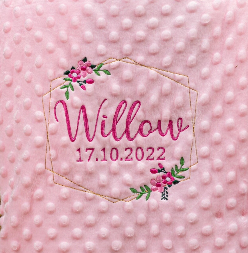 Personalised Baby Swaddle Wrap, Gold Geometric Floral Frame, Pink Blue Grey or White, Soft and Fluffy zdjęcie 5