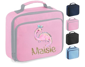 Personalised Lunch Bag, Long Neck Dinosaur Design + ANY NAME, Insulated, Choice of Bag Colour, 109