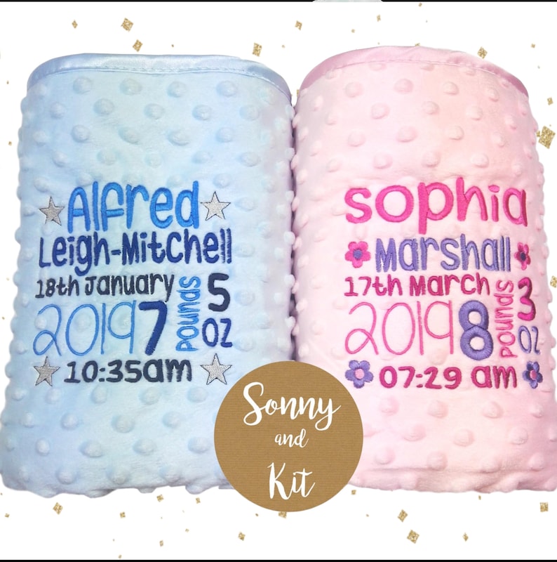 Personalised Baby Blanket Birth Block Luxury Embroidered Dimpled Fleece Backed