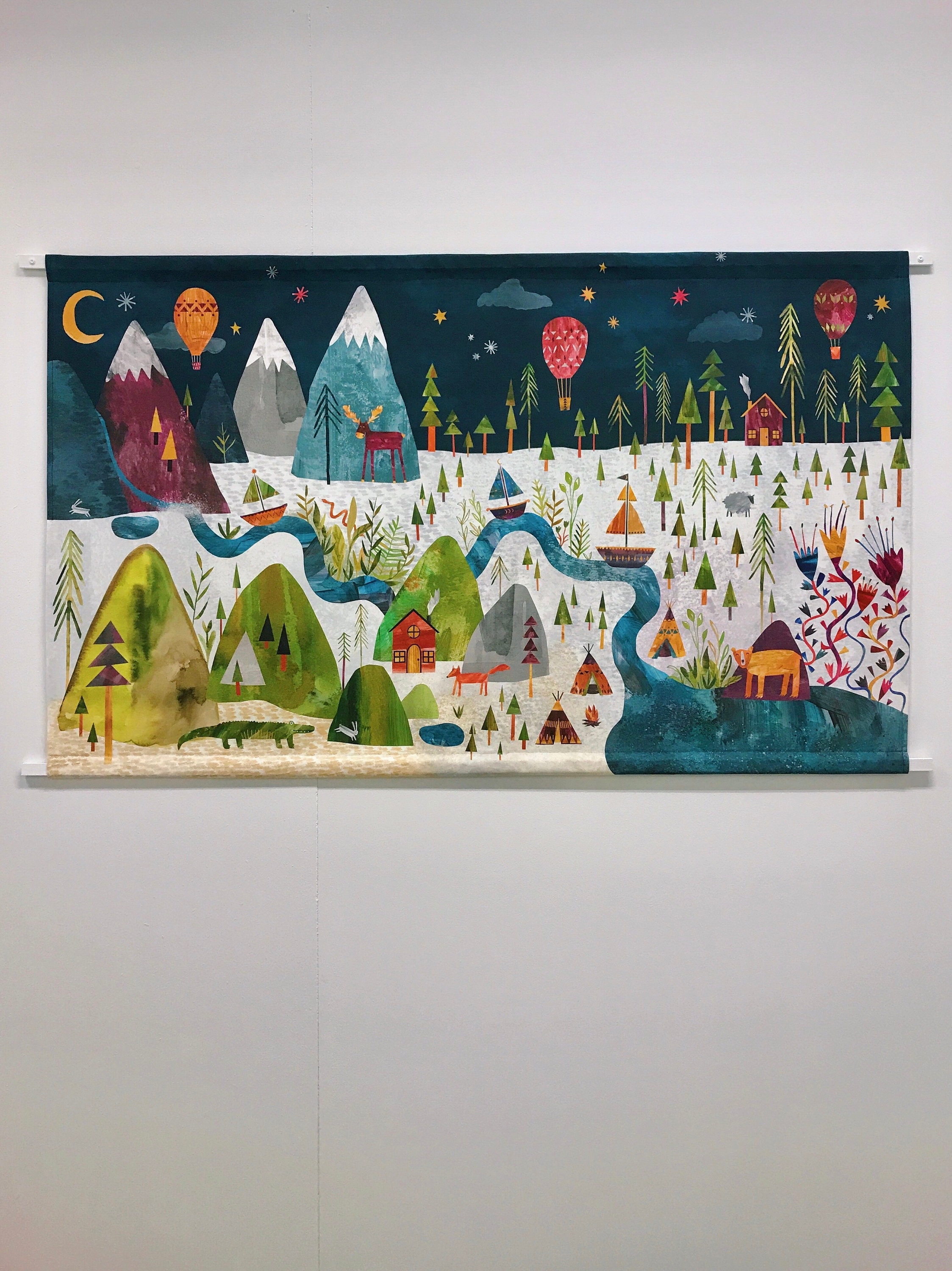 Illustrated Cotton Wall Hanging Woodland Scene for Children's Bedroom / Nursery / Wall Art / Bear, Fox, Crocodile, Mountains, Boats, Teepees
