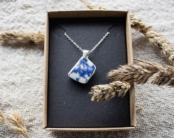 Recycled Garden Pottery Blue and White Sterling Silver Handmade Necklace Bespoke