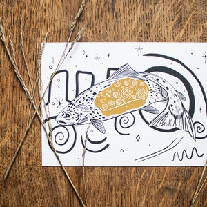 Carte postale illustrée d'art néolithique Saumon de la connaissance Newgrange Fishing Mythologie irlandaise