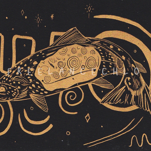 The Salmon of Knowledge - Fenian Irish Mythology Newgrange Neolithic Ancient Ireland Risograph Print by Chloe Heffernan