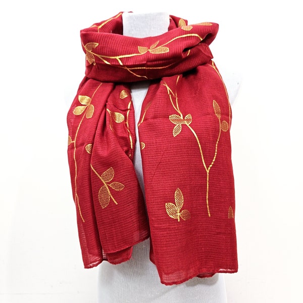 Gold Foil Leaf Red Scarf, Scarves for Women, Winter Scarf, Shawls and Wraps,Cozy Feel Scarfs for women