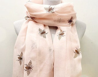 Beekeeper Gifts, bee scarf, Honey Bee Scarf, , bumble bee scarves, Gold Foil Print Bee Autumn Winter Scarf, Gifts For Her,Gifts For Mother