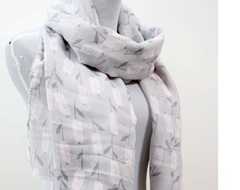 Pastel Color Reeds Scarf, Spring Scarves, Woman Scarf, bohemian scarf, scarf for her, Autumn Scarf,Fall Scarf, Hair wrap Hijab, Pink Gray