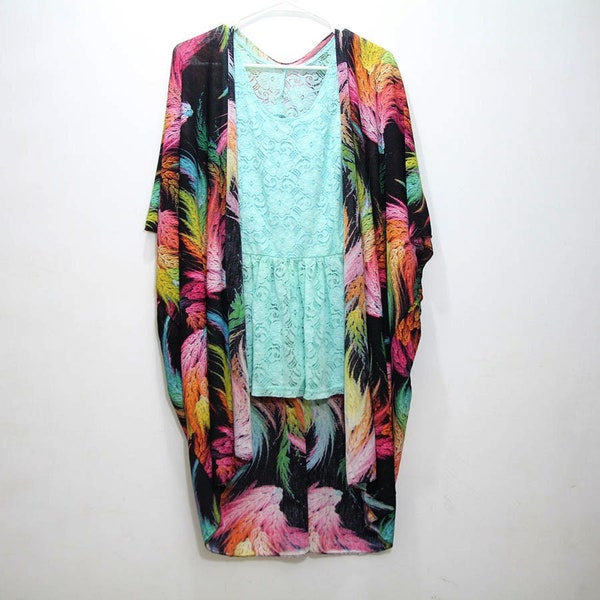 Kimono, black feather plants women kimono robe, kimono cardigan, kimono jacket, Flowy Bohemian Kimono,Coverup, beachwear