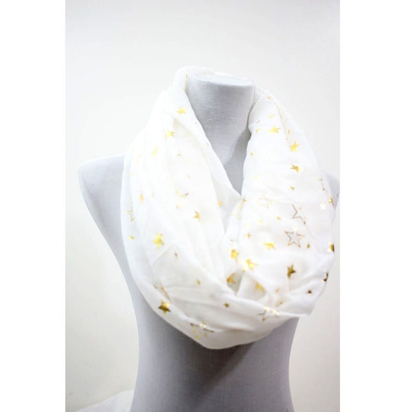 star infinity scarves, gold color boho scarf, gold foil print, for her,for women, Bohemian Scarf, Gift for Wife,star print shawl,galaxy star