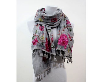 Embroidered Floral Soft Botanical Scarf for Women, Autumn Leaves Woman Scarf Boho Wrap Birthday Mothers Day Gift for Her Pink Gray tassel