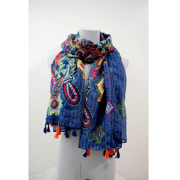 Women Summer Ethnic Print Tassel Shawl Scarf 1 main image 1