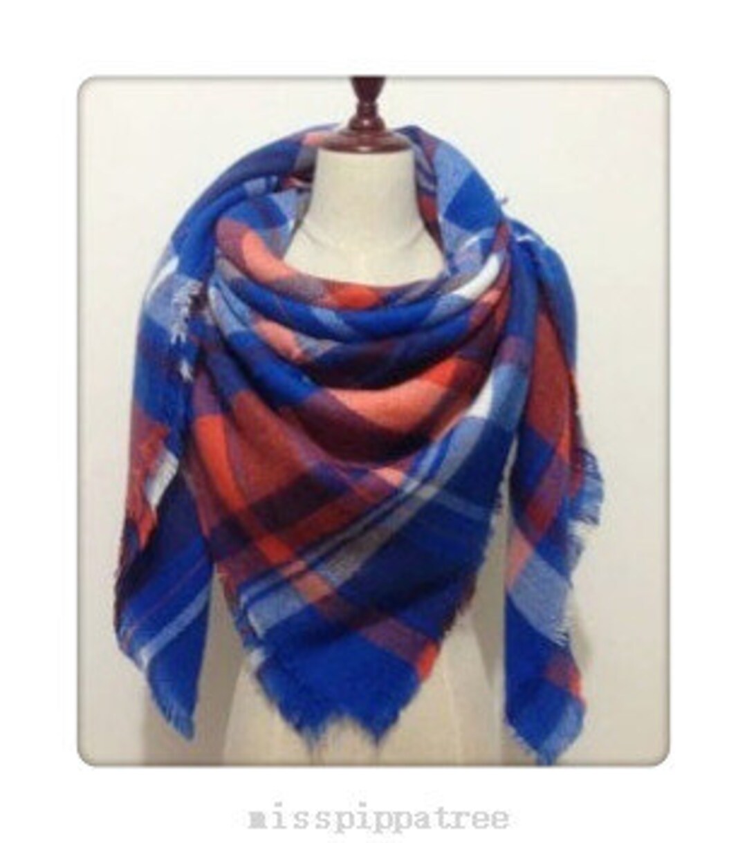 Orange Blue PLAID BLANKET SCARF Etsy
