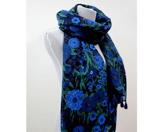 navy flower scarf, navy shawl, blue summer scarf, blue winter scarf, lightweight floral boho scarf, tassel scarves, womens scarf blue